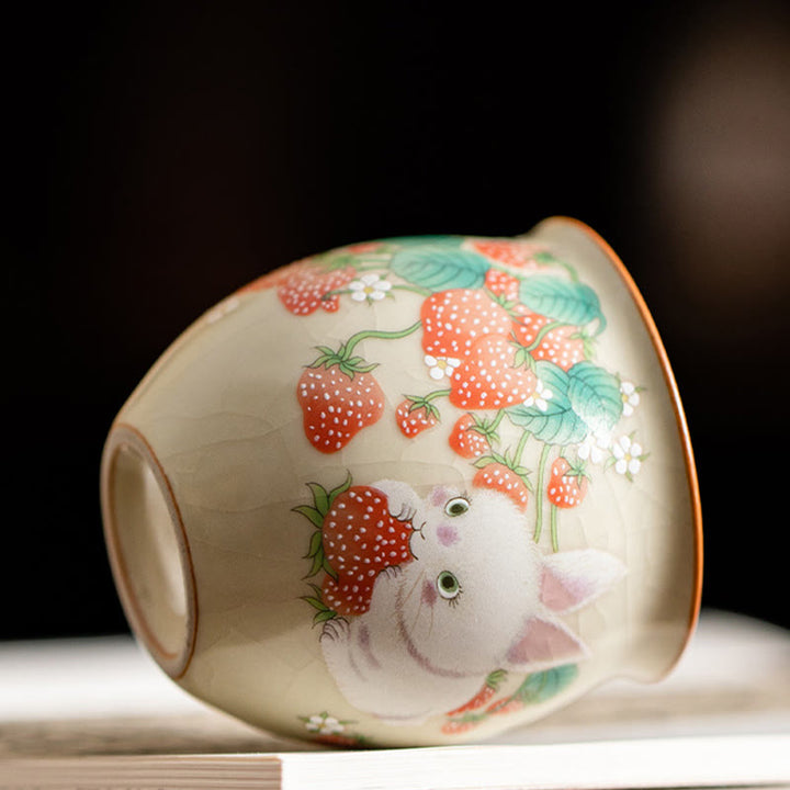 Petite tasse à thé Kung Fu 90 ml avec motif fraise et lapin Buddha Stones, coffret cadeau
