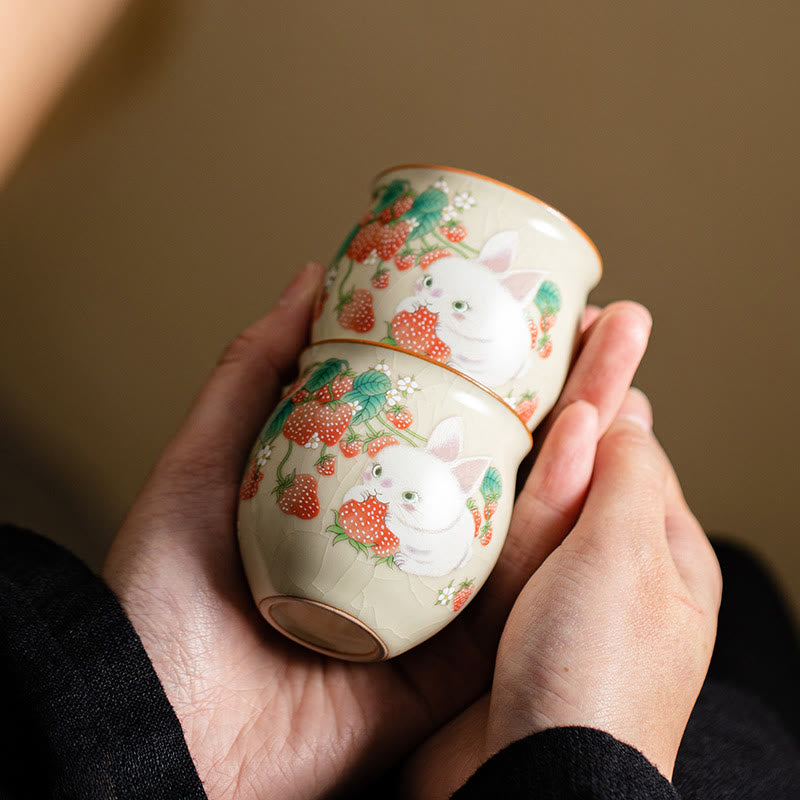 Petite tasse à thé Kung Fu 90 ml avec motif fraise et lapin Buddha Stones, coffret cadeau