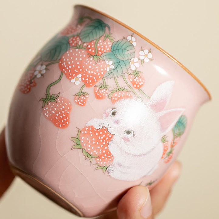 Petite tasse à thé Kung Fu 90 ml avec motif fraise et lapin Buddha Stones, coffret cadeau