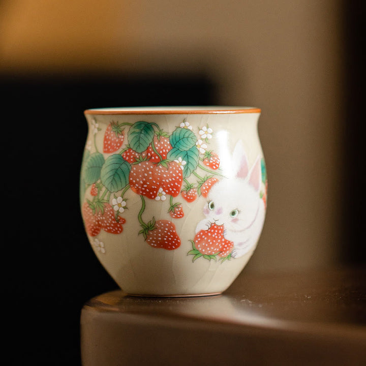 Petite tasse à thé Kung Fu 90 ml avec motif fraise et lapin Buddha Stones, coffret cadeau