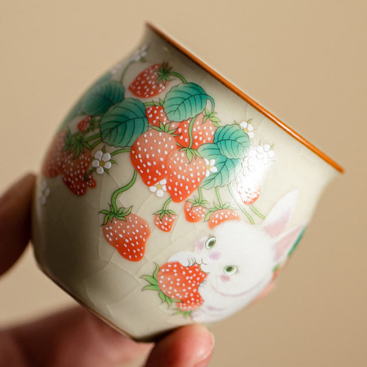 Petite tasse à thé Kung Fu 90 ml avec motif fraise et lapin Buddha Stones, coffret cadeau