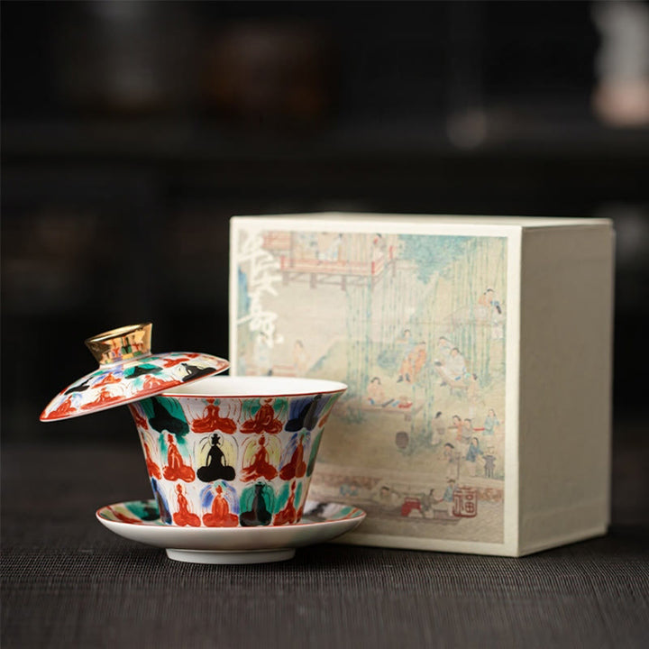 Tasse à thé et soucoupe en céramique avec couvercle, motif Buddha Stones Thangka, Dragon, Bouddhas, Dunhuang, Gaiwan, Sancai, Kung Fu, coffret cadeau, 180 ml