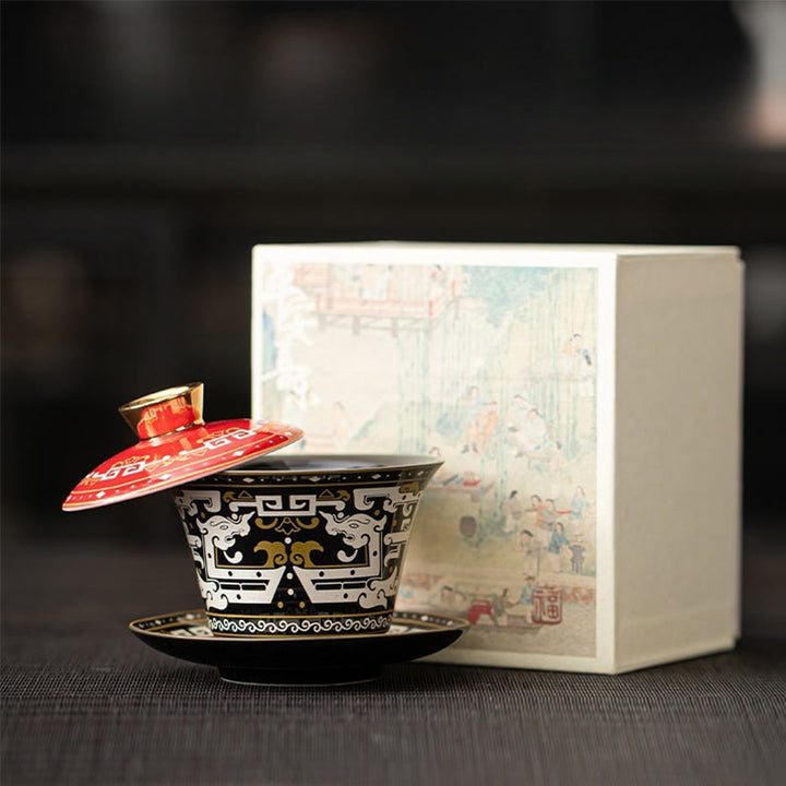 Tasse à thé et soucoupe en céramique avec couvercle, motif Buddha Stones Thangka, Dragon, Bouddhas, Dunhuang, Gaiwan, Sancai, Kung Fu, coffret cadeau, 180 ml