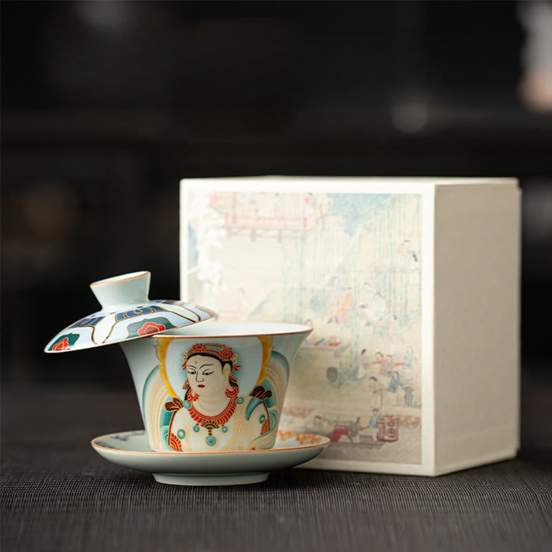 Tasse à thé et soucoupe en céramique avec couvercle, motif Buddha Stones Thangka, Dragon, Bouddhas, Dunhuang, Gaiwan, Sancai, Kung Fu, coffret cadeau, 180 ml