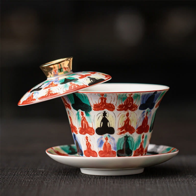 Tasse à thé et soucoupe en céramique avec couvercle, motif Buddha Stones Thangka, Dragon, Bouddhas, Dunhuang, Gaiwan, Sancai, Kung Fu, coffret cadeau, 180 ml
