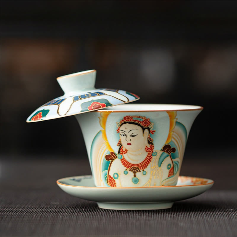 Tasse à thé et soucoupe en céramique avec couvercle, motif Buddha Stones Thangka, Dragon, Bouddhas, Dunhuang, Gaiwan, Sancai, Kung Fu, coffret cadeau, 180 ml