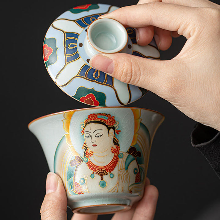 Tasse à thé et soucoupe en céramique avec couvercle, motif Buddha Stones Thangka, Dragon, Bouddhas, Dunhuang, Gaiwan, Sancai, Kung Fu, coffret cadeau, 180 ml