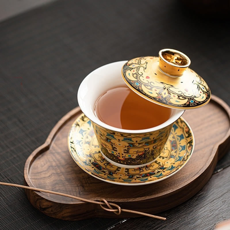 Tasse à thé et soucoupe en céramique avec couvercle, motif Buddha Stones Thangka, Dragon, Bouddhas, Dunhuang, Gaiwan, Sancai, Kung Fu, coffret cadeau, 180 ml