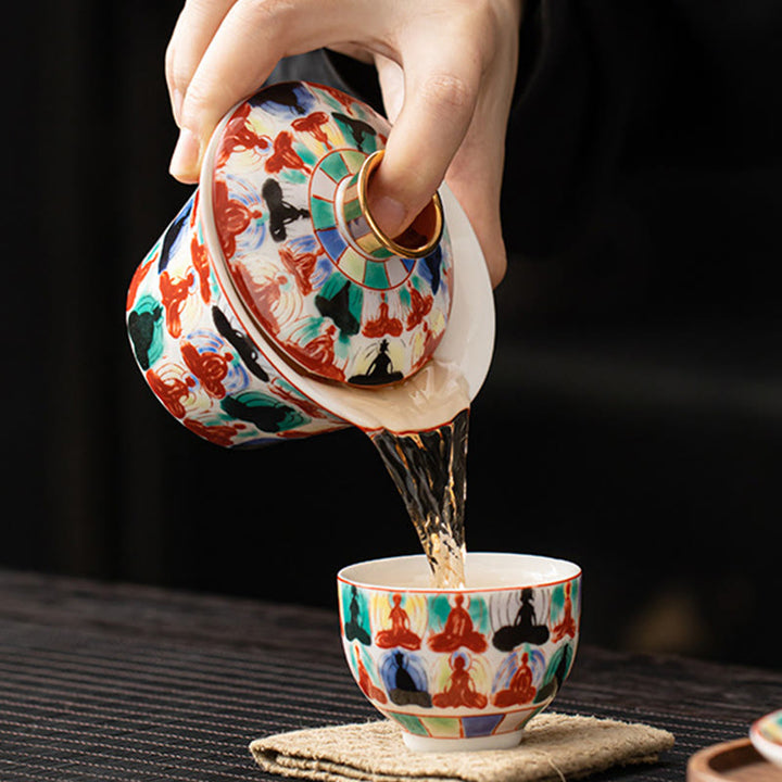 Tasse à thé et soucoupe en céramique avec couvercle, motif Buddha Stones Thangka, Dragon, Bouddhas, Dunhuang, Gaiwan, Sancai, Kung Fu, coffret cadeau, 180 ml