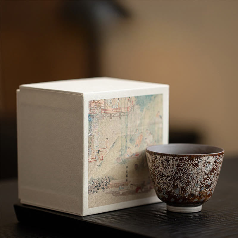 Tasse à thé Kung Fu en Buddha Stones et fleurs brunes en pleine floraison, 100 ml, avec coffret cadeau