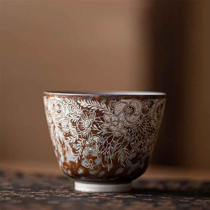 Tasse à thé Kung Fu en Buddha Stones et fleurs brunes en pleine floraison, 100 ml, avec coffret cadeau