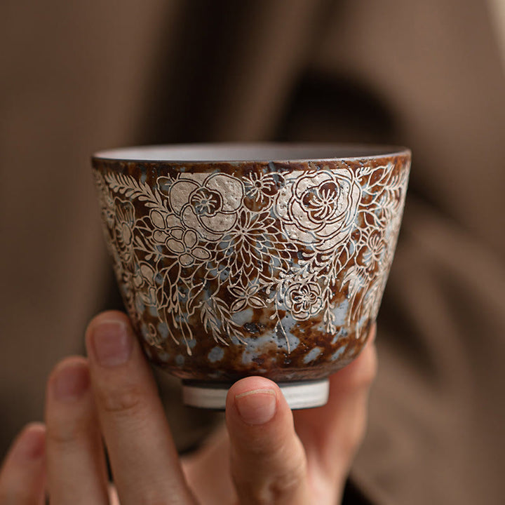 Tasse à thé Kung Fu en Buddha Stones et fleurs brunes en pleine floraison, 100 ml, avec coffret cadeau