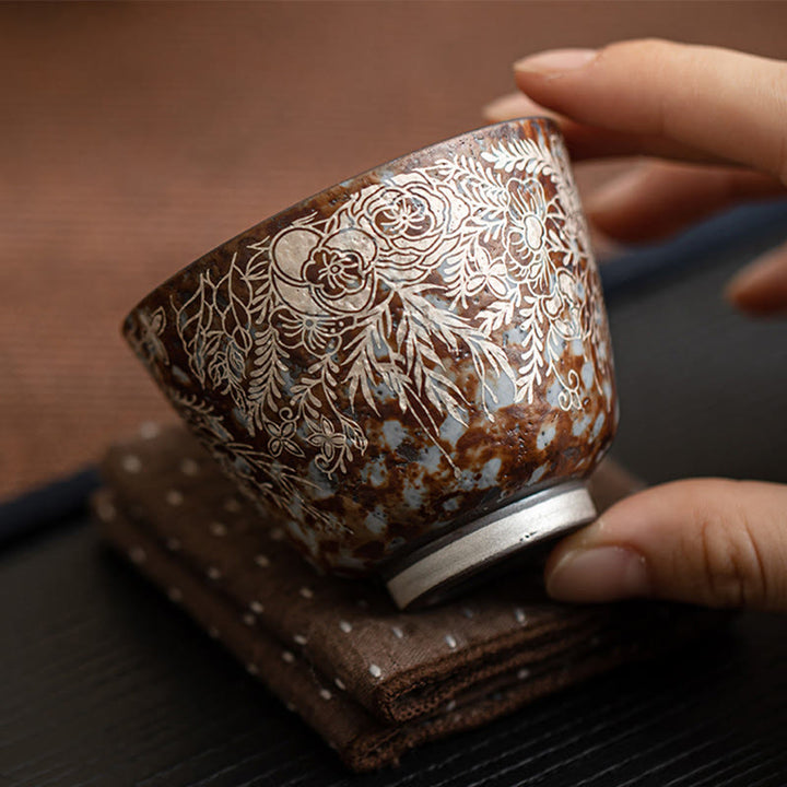 Tasse à thé Kung Fu en Buddha Stones et fleurs brunes en pleine floraison, 100 ml, avec coffret cadeau