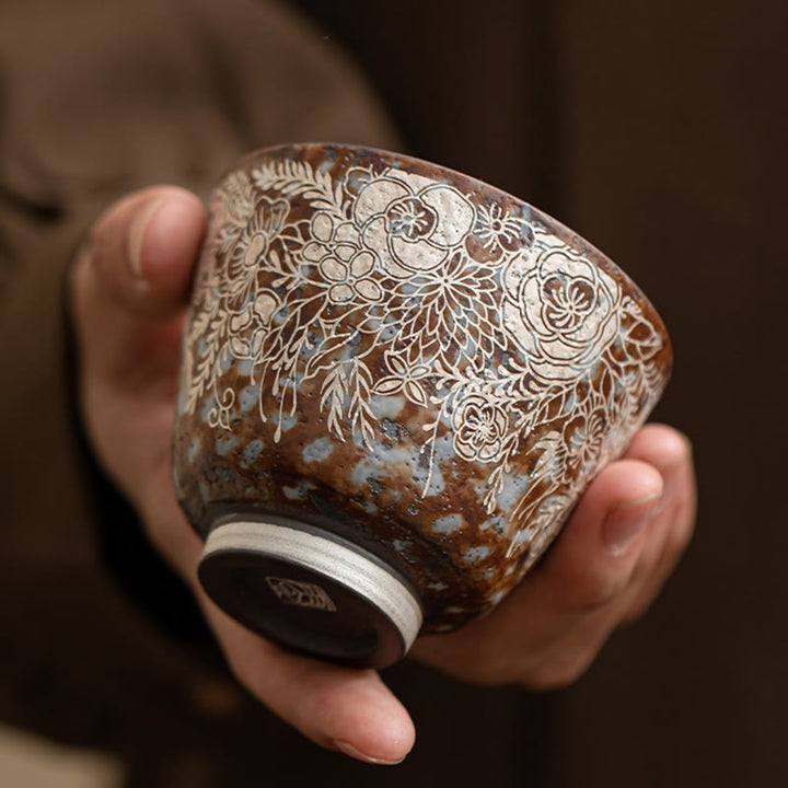 Tasse à thé Kung Fu en Buddha Stones et fleurs brunes en pleine floraison, 100 ml, avec coffret cadeau