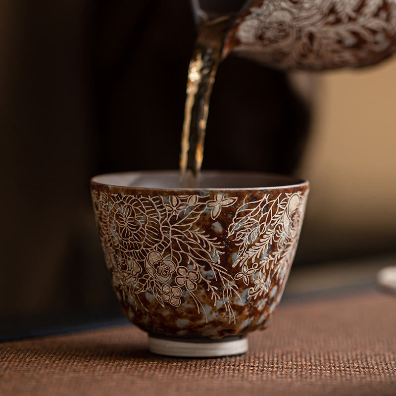 Tasse à thé Kung Fu en Buddha Stones et fleurs brunes en pleine floraison, 100 ml, avec coffret cadeau
