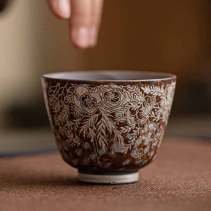 Tasse à thé Kung Fu en Buddha Stones et fleurs brunes en pleine floraison, 100 ml, avec coffret cadeau
