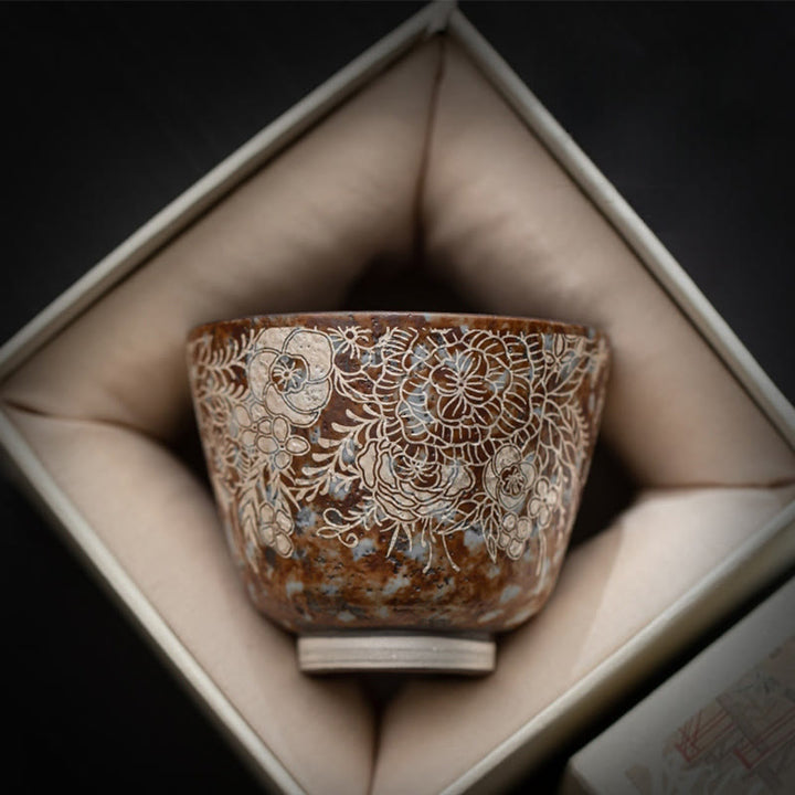 Tasse à thé Kung Fu en Buddha Stones et fleurs brunes en pleine floraison, 100 ml, avec coffret cadeau