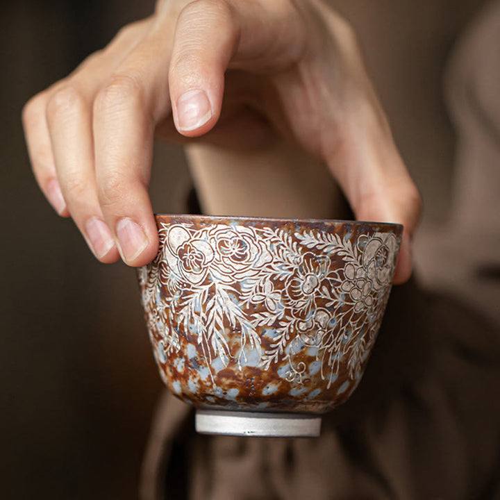 Tasse à thé Kung Fu en Buddha Stones et fleurs brunes en pleine floraison, 100 ml, avec coffret cadeau