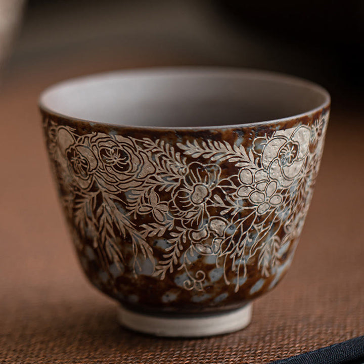 Tasse à thé Kung Fu en Buddha Stones et fleurs brunes en pleine floraison, 100 ml, avec coffret cadeau