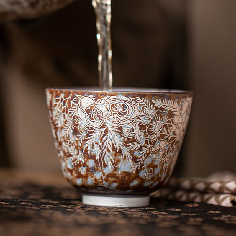 Tasse à thé Kung Fu en Buddha Stones et fleurs brunes en pleine floraison, 100 ml, avec coffret cadeau
