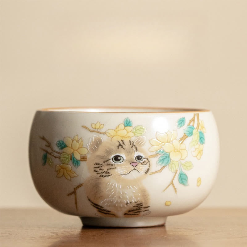 Buddha Stones Chat mignon Fleurs jaunes Lapin Tasse à thé Tasse à thé Kung Fu - Chat 6,8 cm x 4 cm x 80 ml - image 1