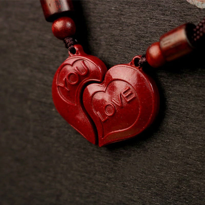 Collier pendentif en forme de cœur en cinabre naturel avec Buddha Stones, 2 pièces, LOVE YOU, bénédiction, couple