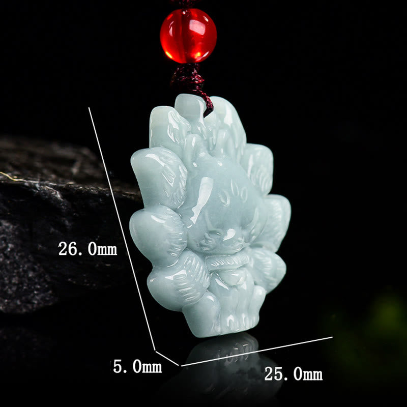 Collier pendentif renard à neuf queues en jade vert naturel et Buddha Stones
