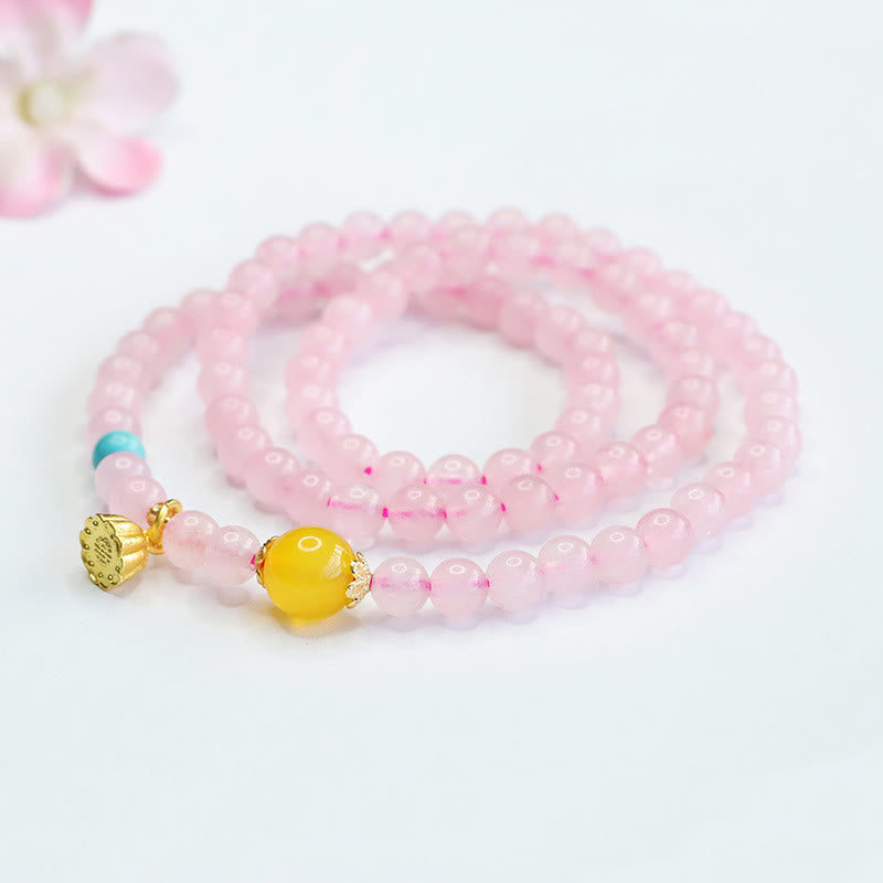 Bracelet Buddha Stones en cristal rose et calcédoine jaune multi-cercles, lotus, chaleur