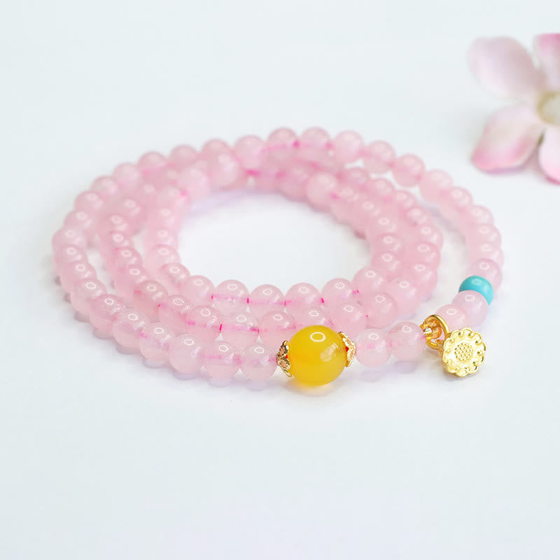 Bracelet Buddha Stones en cristal rose et calcédoine jaune multi-cercles, lotus, chaleur