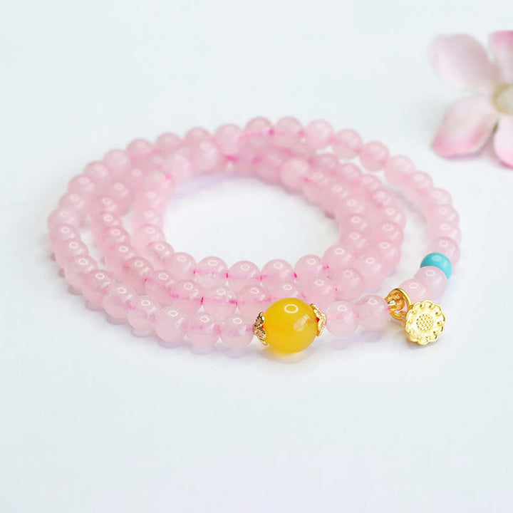 Bracelet Buddha Stones en cristal rose et calcédoine jaune multi-cercles, lotus, chaleur