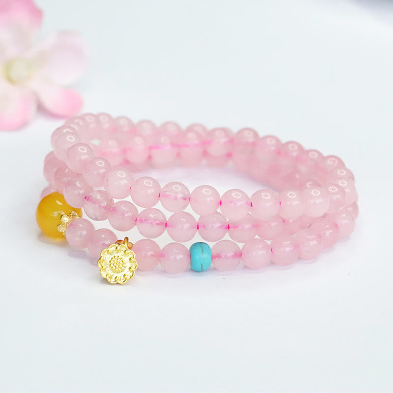 Bracelet Buddha Stones en cristal rose et calcédoine jaune multi-cercles, lotus, chaleur