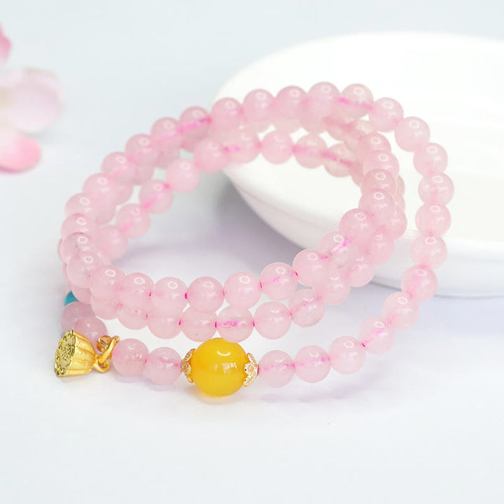 Bracelet Buddha Stones en cristal rose et calcédoine jaune multi-cercles, lotus, chaleur - image 1