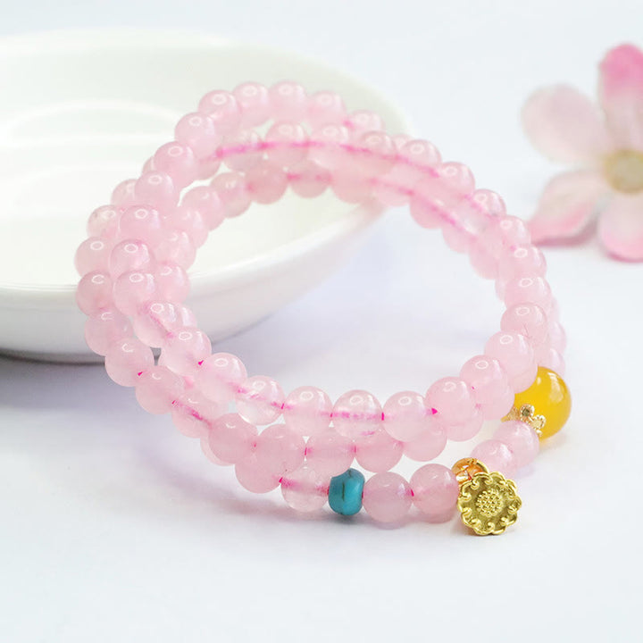 Bracelet Buddha Stones en cristal rose et calcédoine jaune multi-cercles, lotus, chaleur