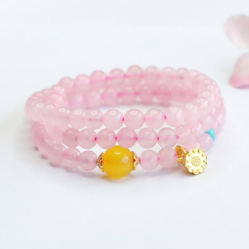 Bracelet Buddha Stones en cristal rose et calcédoine jaune multi-cercles, lotus, chaleur