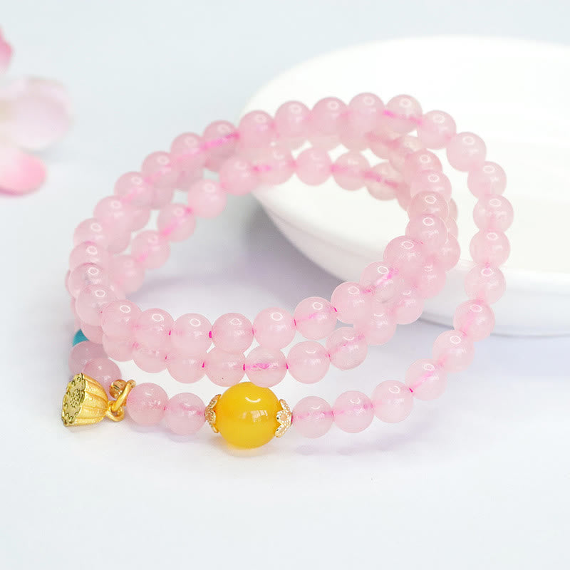 Bracelet Buddha Stones en cristal rose et calcédoine jaune multi-cercles, lotus, chaleur