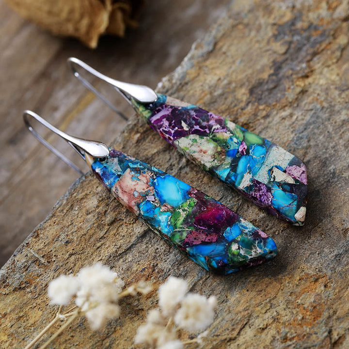 Boucles d'oreilles anti-stress en cristal géométrique en pierre naturelle de l'empereur Buddha Stones - Pierre de l'Empereur Bleu (poteaux en cuivre) - Argenté - image 1