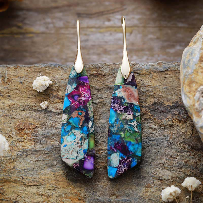 Boucles d'oreilles anti-stress en cristal géométrique en pierre naturelle de l'empereur Buddha Stones - Pierre de l'Empereur Bleu (Poteaux en Cuivre) - Doré - image 0