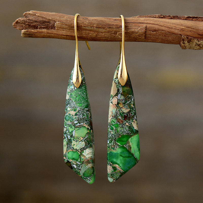 Boucles d'oreilles anti-stress en cristal géométrique en pierre naturelle de l'empereur Buddha Stones - Pierre de l'Empereur Vert (Poteaux en Cuivre) - Doré - image 3