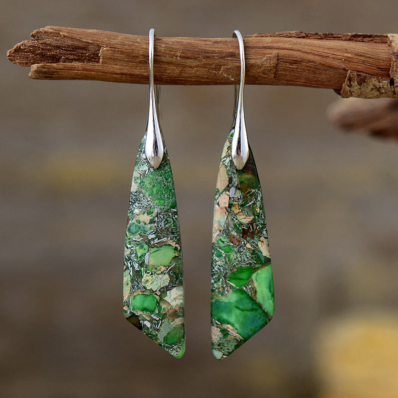 Boucles d'oreilles anti-stress en cristal géométrique en pierre naturelle de l'empereur Buddha Stones - Pierre de l'Empereur Vert (poteaux en cuivre) - Argenté - image 5
