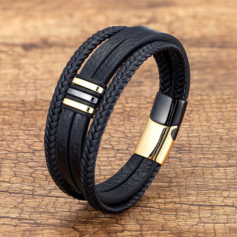 Bracelet en cuir tressé fait main avec boucle en acier titane et Buddha Stones