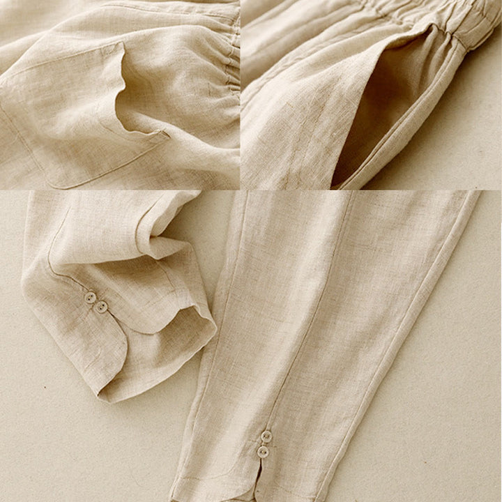 Pantalon Buddha Stones d'été en coton et lin pour femme, couleur unie, avec boutons latéraux et poches - image 10