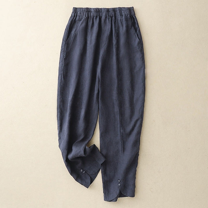 Pantalon Buddha Stones d'été en coton et lin pour femme, couleur unie, avec boutons latéraux et poches - Bleu ardoise foncé - US8-10，UK/AU12-14，EU40-42 (2XL) - image 20