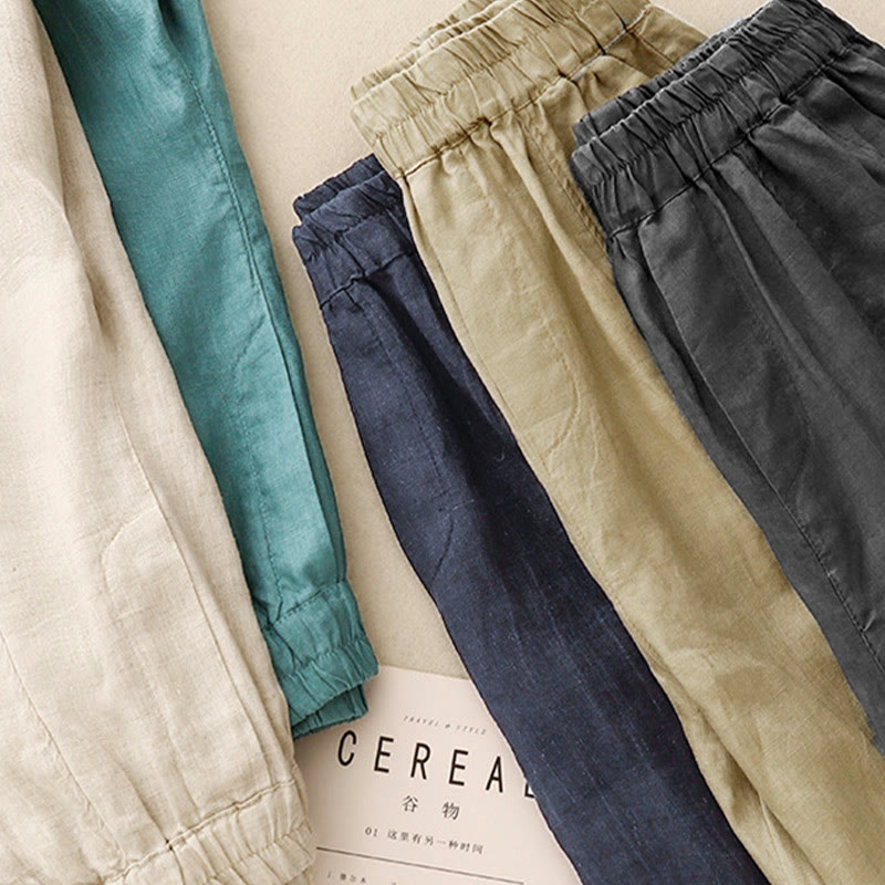 Pantalon Buddha Stones d'été en coton et lin pour femme, couleur unie, avec boutons latéraux et poches - image 24