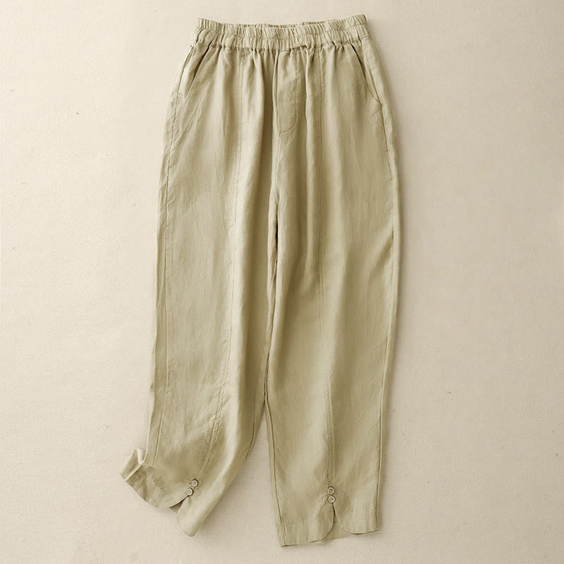 Pantalon Buddha Stones d'été en coton et lin pour femme, couleur unie, avec boutons latéraux et poches - Jaune d'or pâle - US8-10，UK/AU12-14，EU40-42 (2XL) - image 0