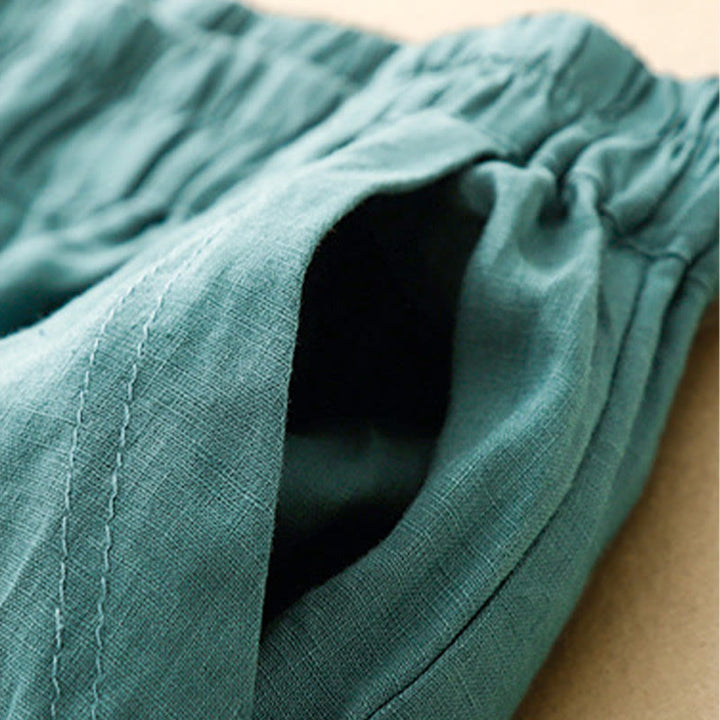 Pantalon Buddha Stones d'été en coton et lin pour femme, couleur unie, avec boutons latéraux et poches - image 17