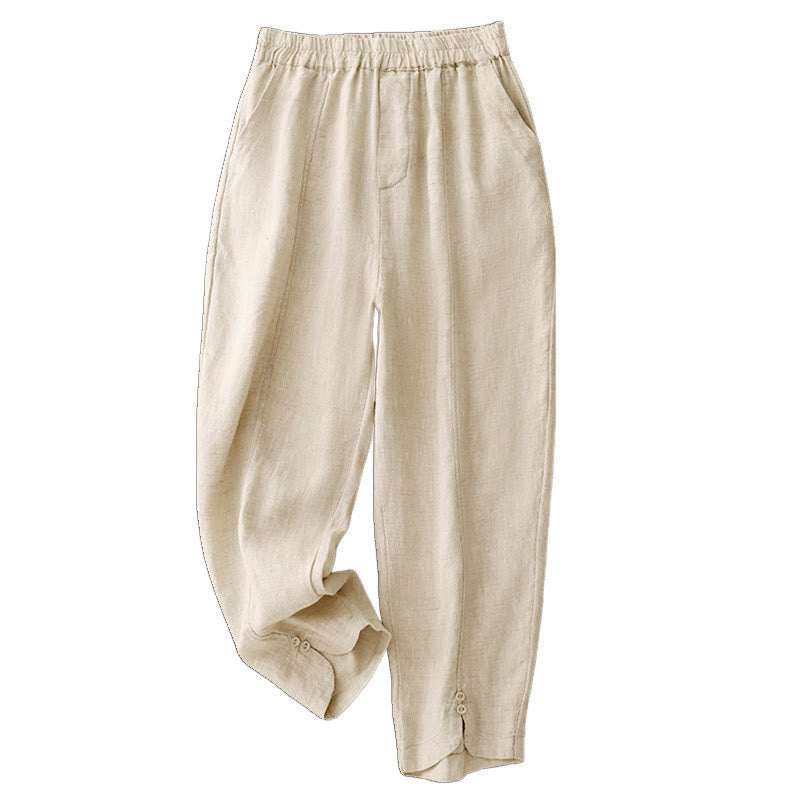 Pantalon Buddha Stones d'été en coton et lin pour femme, couleur unie, avec boutons latéraux et poches - image 11