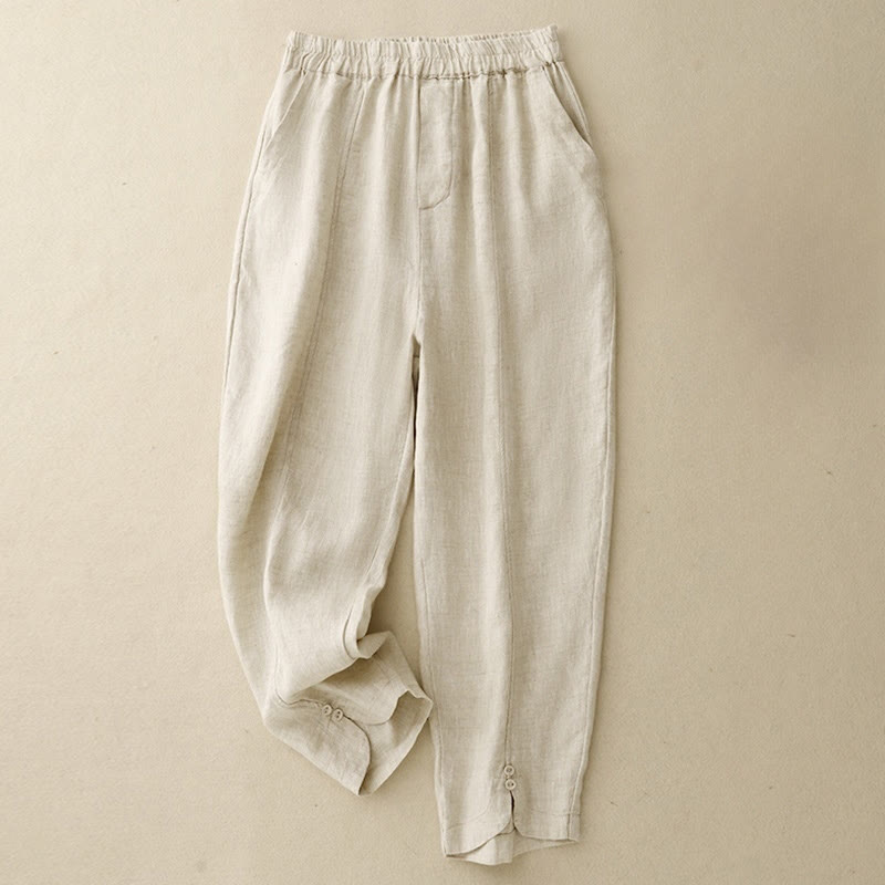 Pantalon Buddha Stones d'été en coton et lin pour femme, couleur unie, avec boutons latéraux et poches - Beige - US8-10，UK/AU12-14，EU40-42 (2XL) - image 4