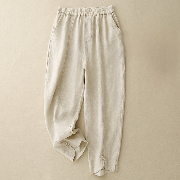 Pantalon Buddha Stones d'été en coton et lin pour femme, couleur unie, avec boutons latéraux et poches - Beige - US8-10，UK/AU12-14，EU40-42 (2XL) - image 4