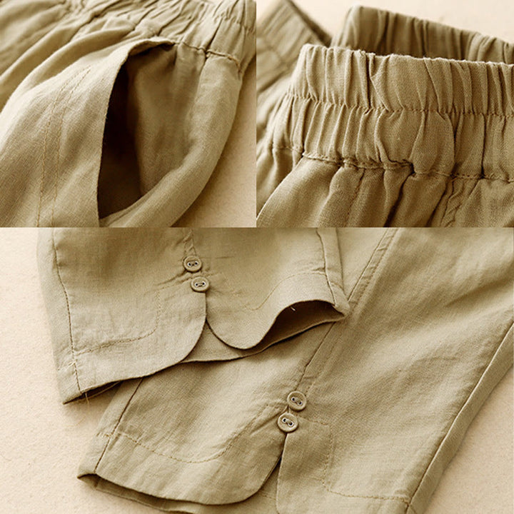Pantalon Buddha Stones d'été en coton et lin pour femme, couleur unie, avec boutons latéraux et poches - image 3