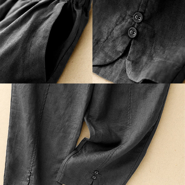 Pantalon Buddha Stones d'été en coton et lin pour femme, couleur unie, avec boutons latéraux et poches - image 14